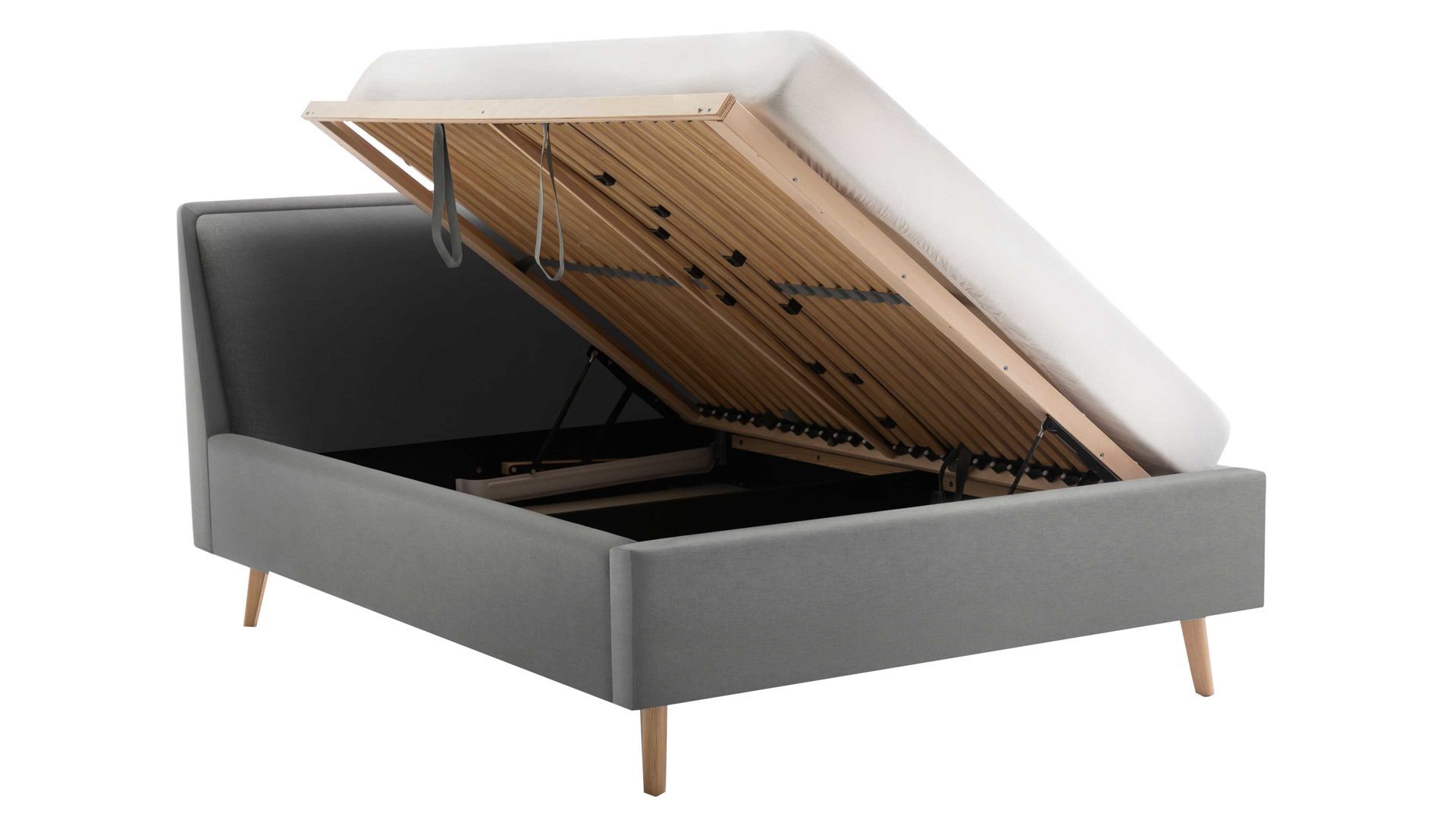Bettgestell Meise.möbel aus Stoff in Hellgrau Polsterbettgestell Frieda mit Bettkasten hellgrauer Bezug Sawana 21 & eichefarbene Holzfüße - Liegefläche ca. 140 x 200 cm