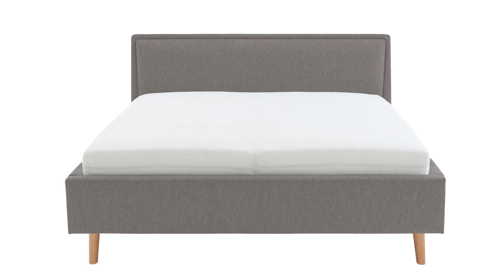 Bettgestell Meise.möbel aus Stoff in Hellgrau Polsterbettgestell Frieda mit Bettkasten hellgrauer Bezug Sawana 21 & eichefarbene Holzfüße - Liegefläche ca. 140 x 200 cm