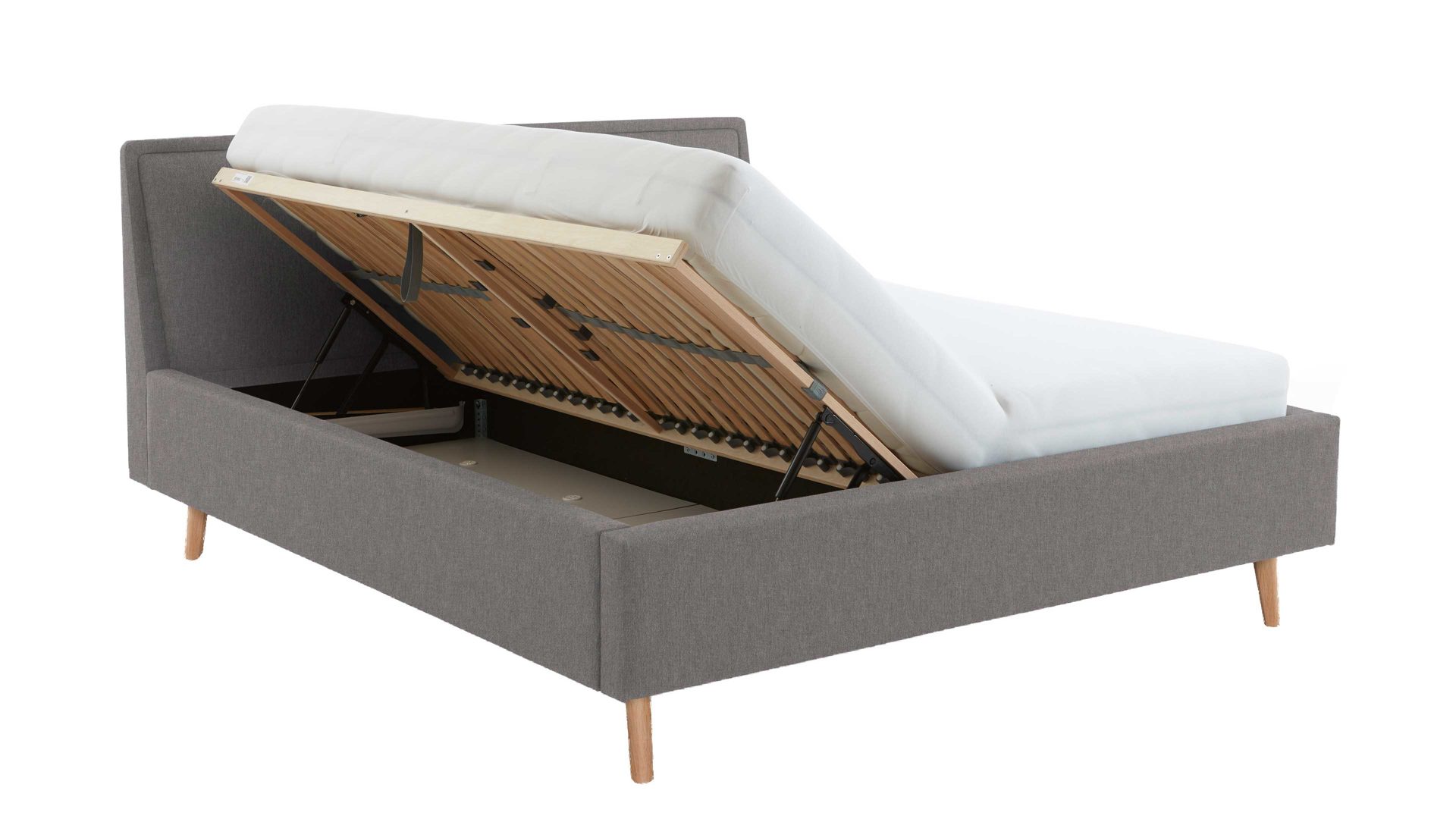 Bettgestell Meise.möbel aus Stoff in Hellgrau Polsterbettgestell Frieda mit Bettkasten hellgrauer Bezug Sawana 21 & eichefarbene Holzfüße - Liegefläche ca. 180 x 200 cm