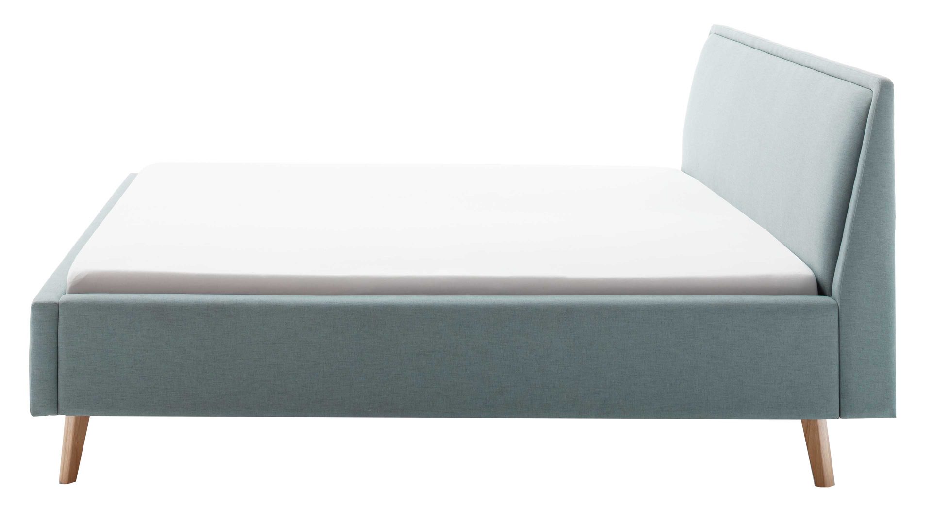 Bettgestell Meise.möbel aus Stoff in Blau Polsterbettgestell Frieda eisblauer Bezug Sawana 72 & eichefarbene Holzfüße - Liegefläche ca. 180 x 200 cm