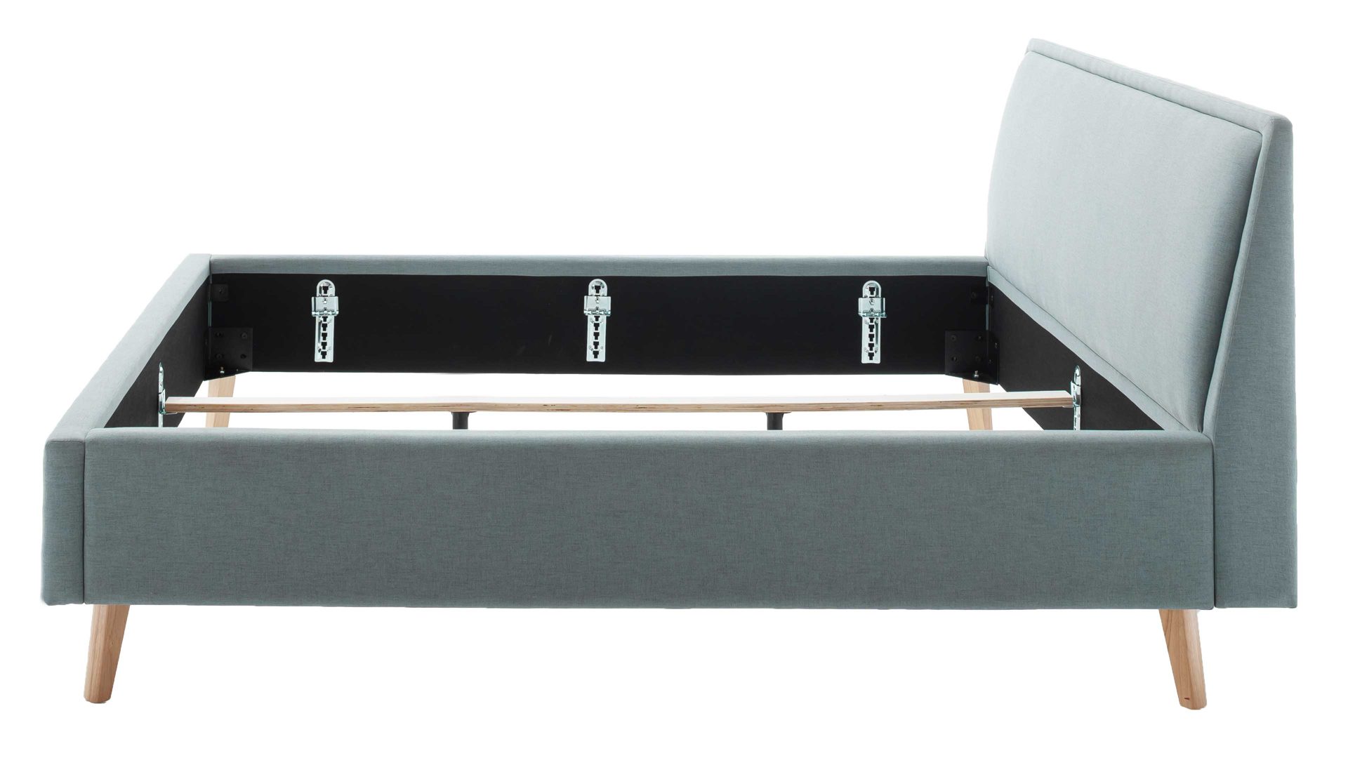 Bettgestell Meise.möbel aus Stoff in Blau Polsterbettgestell Frieda eisblauer Bezug Sawana 72 & eichefarbene Holzfüße - Liegefläche ca. 140 x 200 cm
