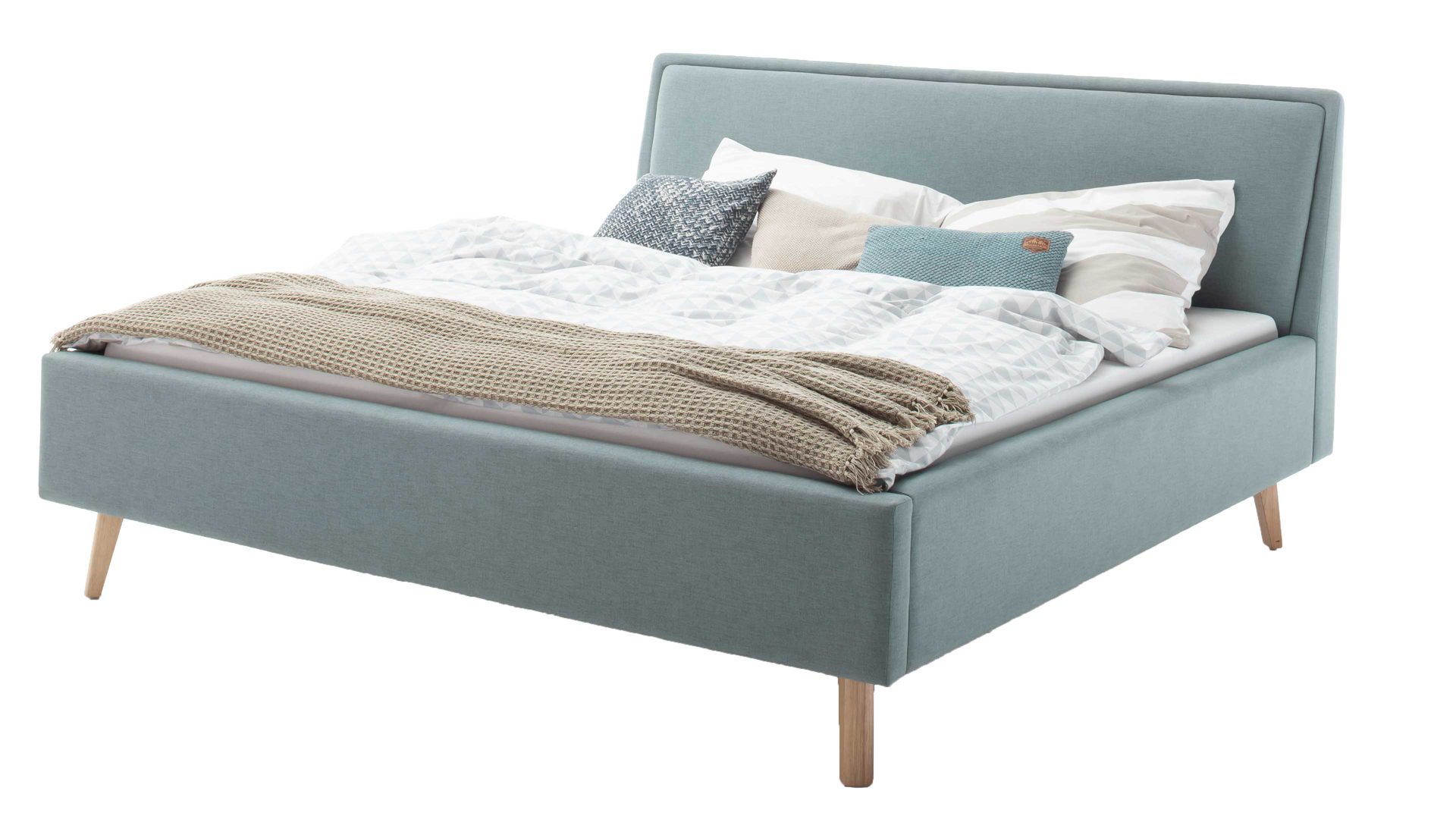 Bettgestell Meise.möbel aus Stoff in Blau Polsterbettgestell Frieda eisblauer Bezug Sawana 72 & eichefarbene Holzfüße - Liegefläche ca. 140 x 200 cm