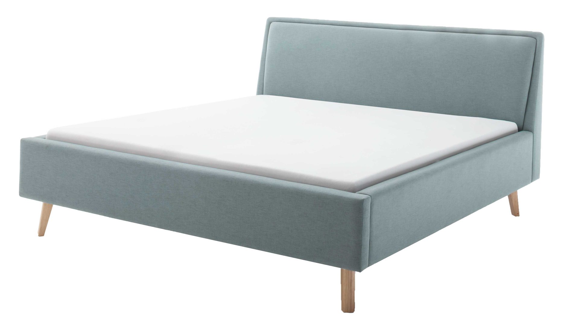 Bettgestell Meise.möbel aus Stoff in Blau Polsterbettgestell Frieda eisblauer Bezug Sawana 72 & eichefarbene Holzfüße - Liegefläche ca. 140 x 200 cm