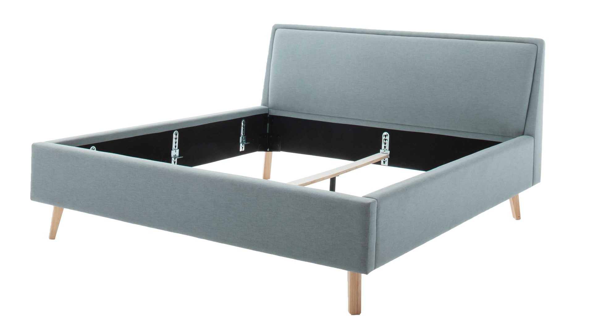 Bettgestell Meise.möbel aus Stoff in Blau Polsterbettgestell Frieda eisblauer Bezug Sawana 72 & eichefarbene Holzfüße - Liegefläche ca. 140 x 200 cm