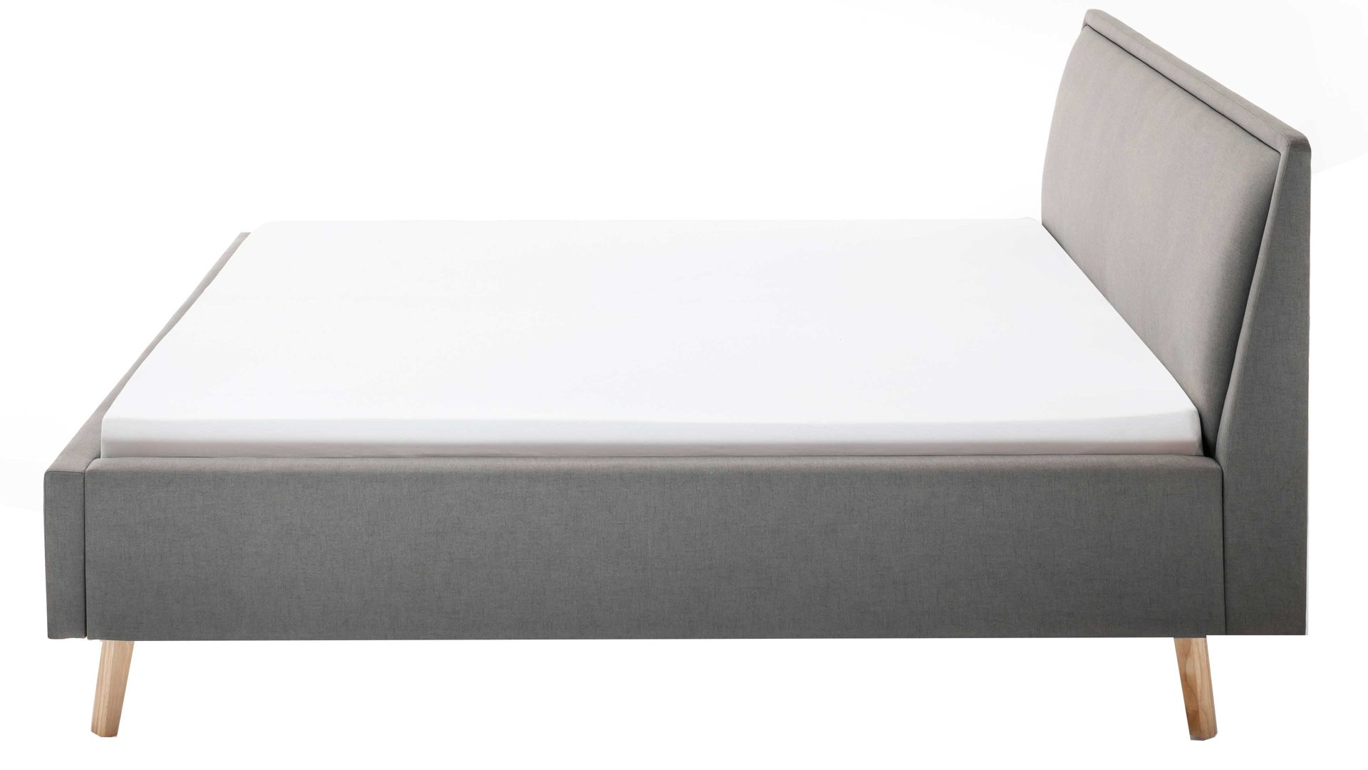 Bettgestell Meise.möbel aus Stoff in Hellgrau Polsterbettgestell Frieda hellgrauer Bezug Sawana 21 & eichefarbene Holzfüße - Liegefläche ca. 140 x 200 cm