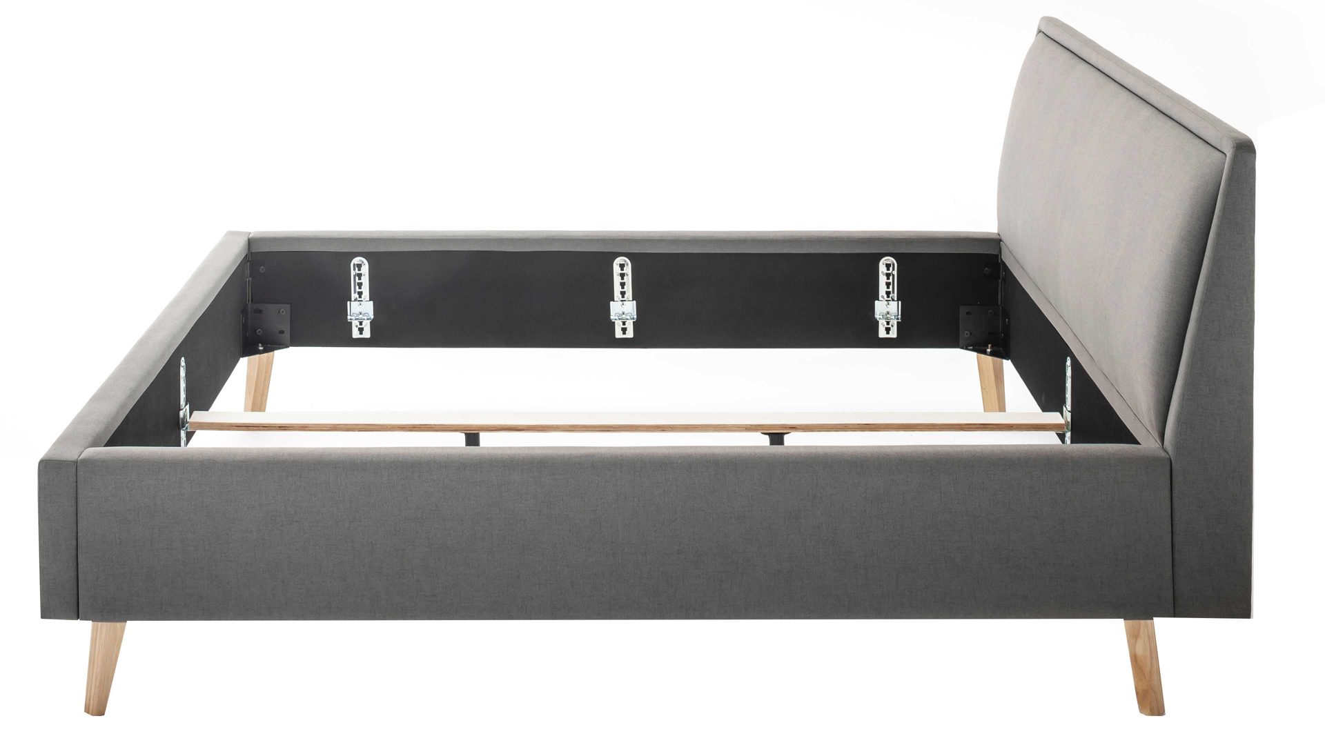 Bettgestell Meise.möbel aus Stoff in Hellgrau Polsterbettgestell Frieda hellgrauer Bezug Sawana 21 & eichefarbene Holzfüße - Liegefläche ca. 140 x 200 cm