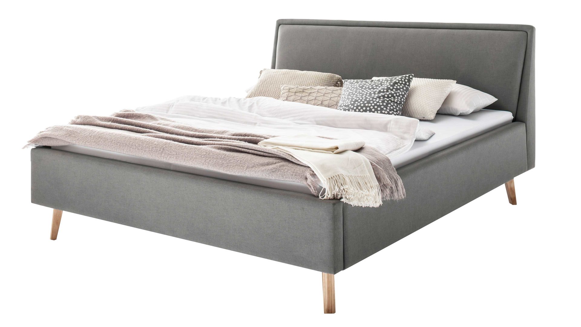 Bettgestell Meise.möbel aus Stoff in Hellgrau Polsterbettgestell Frieda hellgrauer Bezug Sawana 21 & eichefarbene Holzfüße - Liegefläche ca. 140 x 200 cm