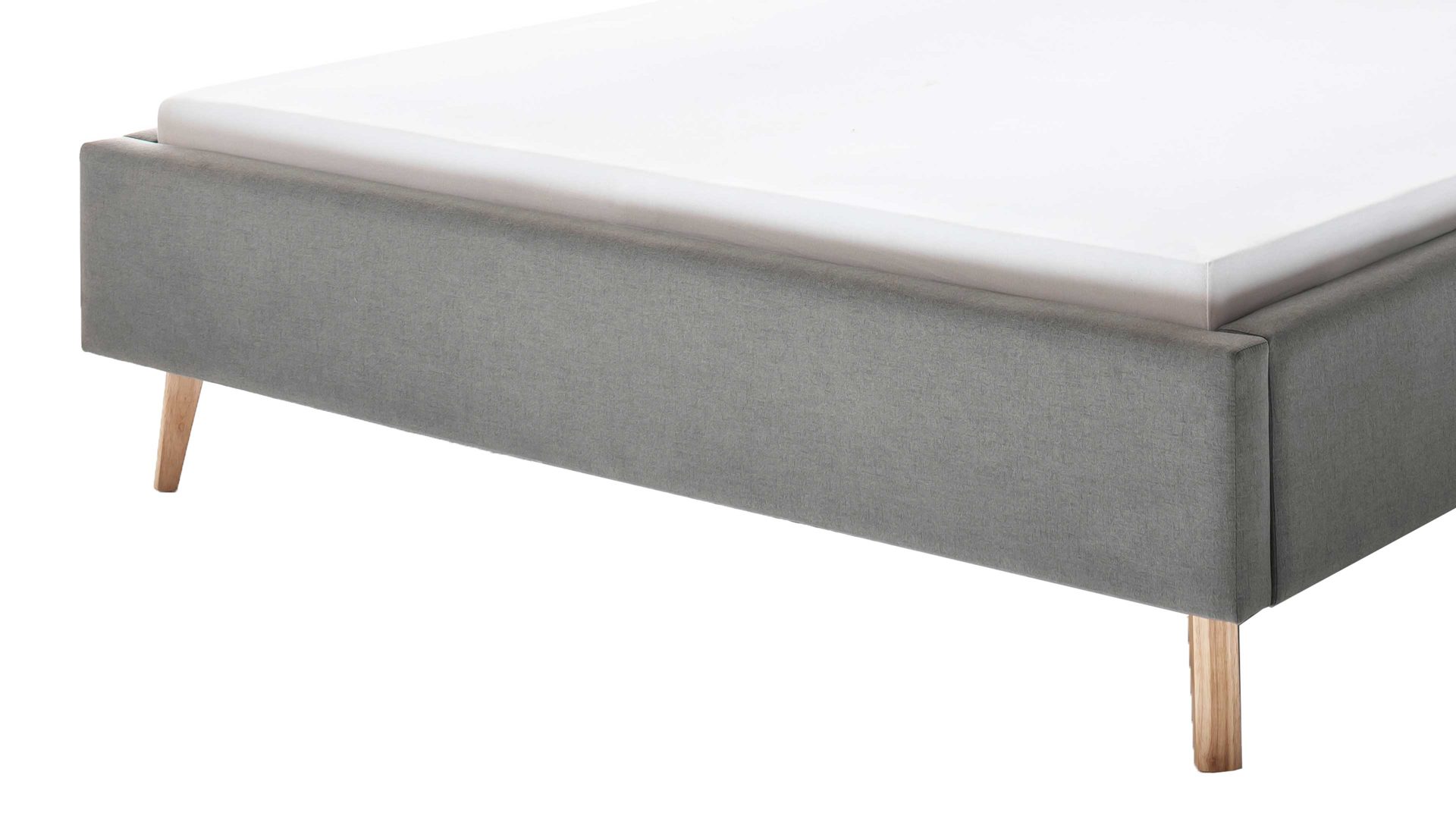 Bettgestell Meise.möbel aus Stoff in Hellgrau Polsterbettgestell Frieda hellgrauer Bezug Sawana 21 & eichefarbene Holzfüße - Liegefläche ca. 180 x 200 cm