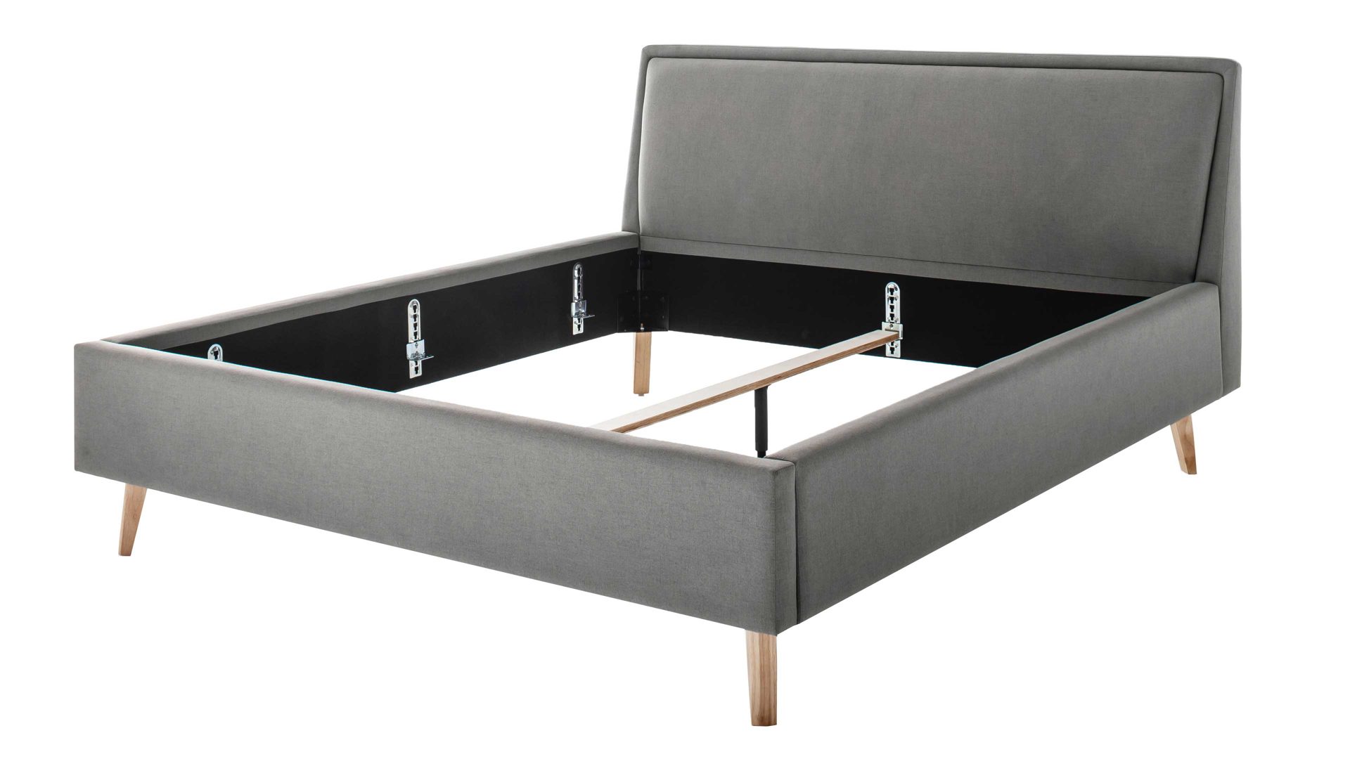 Bettgestell Meise.möbel aus Stoff in Hellgrau Polsterbettgestell Frieda hellgrauer Bezug Sawana 21 & eichefarbene Holzfüße - Liegefläche ca. 140 x 200 cm