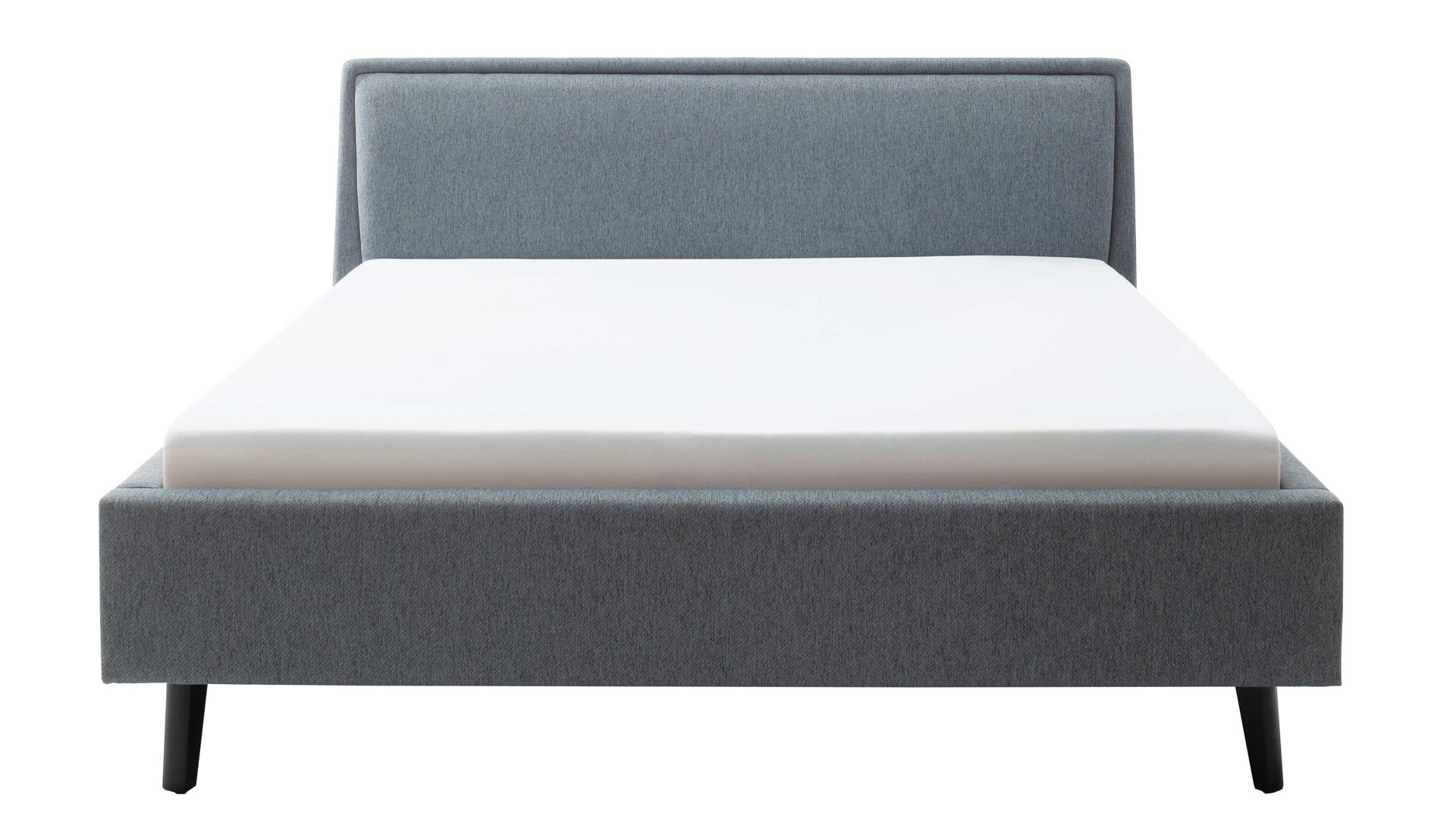 Bettgestell Meise.möbel aus Stoff in Blau Polsterbettgestell Frieda oceanfarbener Bezug Stelar 39 & schwarze Holzfüße - Liegefläche ca. 180 x 200 cm