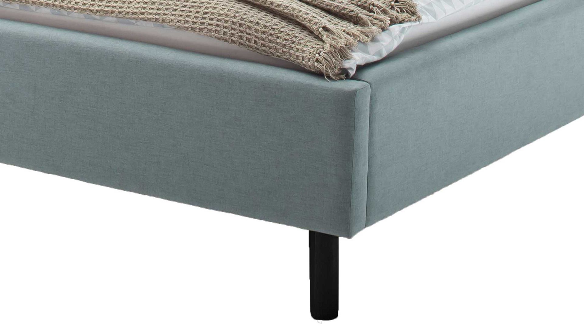Bettgestell Meise.möbel aus Stoff in Blau Polsterbettgestell Frieda eisblauer Bezug Sawana 72 & schwarze Holzfüße - Liegefläche ca. 180 x 200 cm