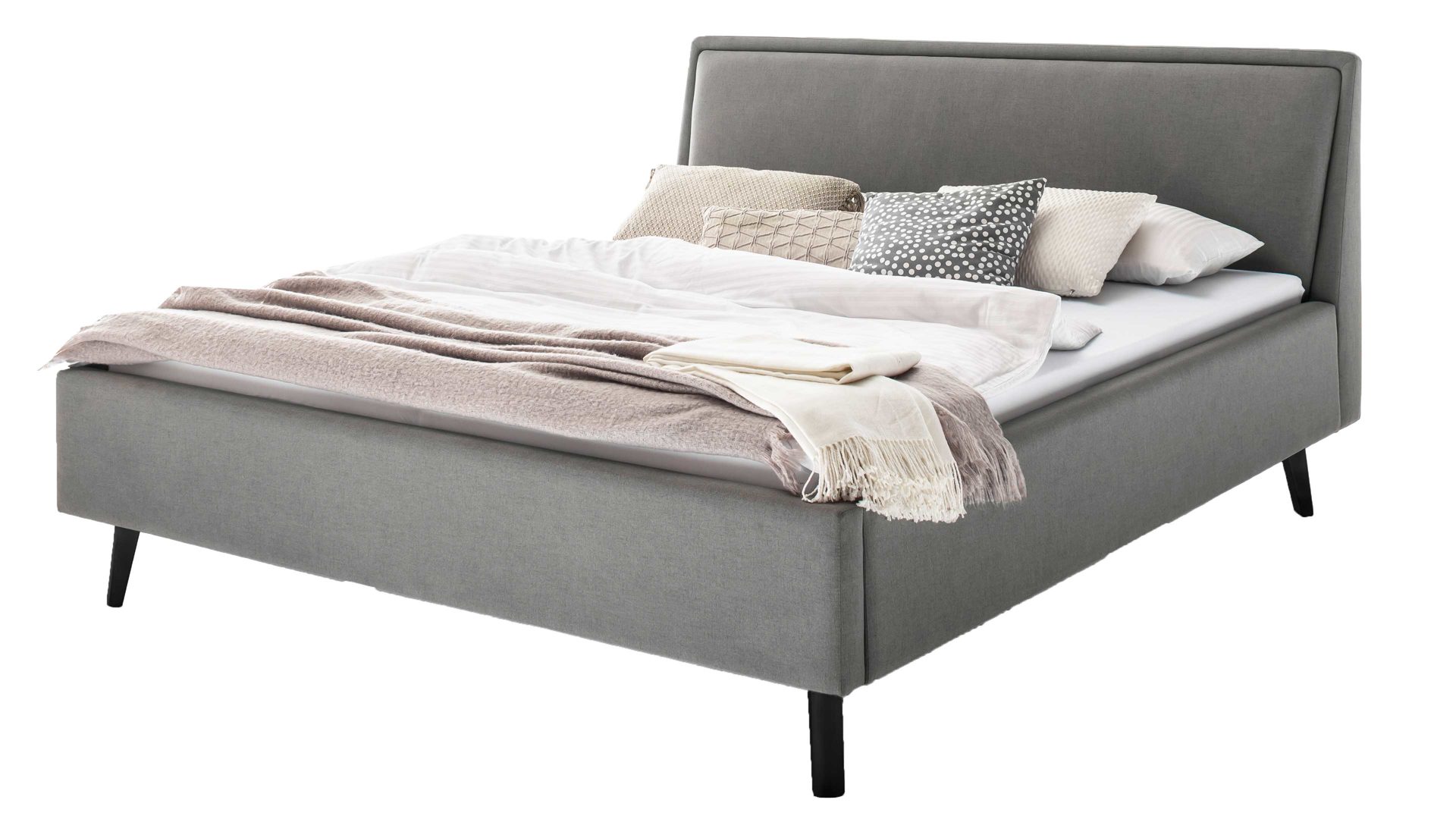 Bettgestell Meise.möbel aus Stoff in Hellgrau Polsterbettgestell Frieda hellgrauer Bezug Sawana 21 & schwarze Holzfüße - Liegefläche ca. 140 x 200 cm