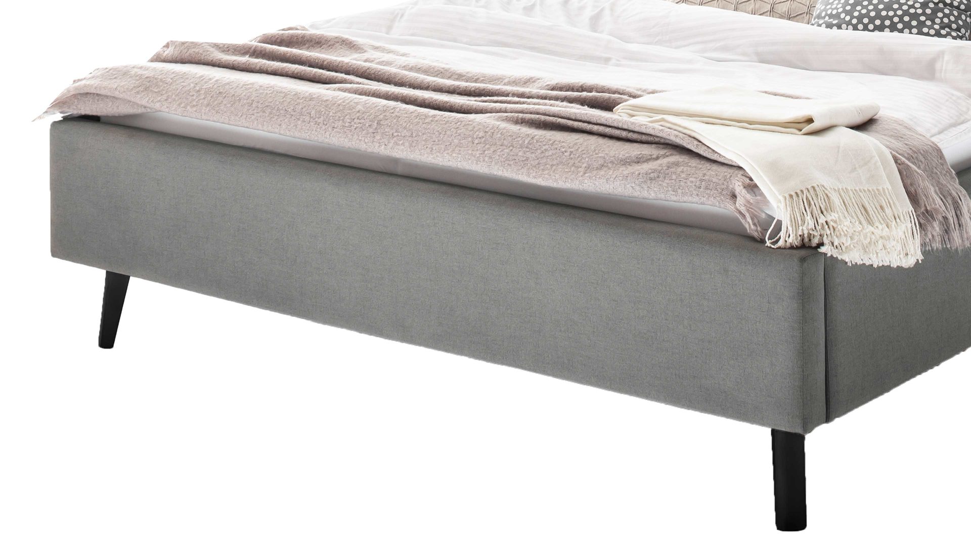 Bettgestell Meise.möbel aus Stoff in Hellgrau Polsterbettgestell Frieda hellgrauer Bezug Sawana 21 & schwarze Holzfüße - Liegefläche ca. 140 x 200 cm