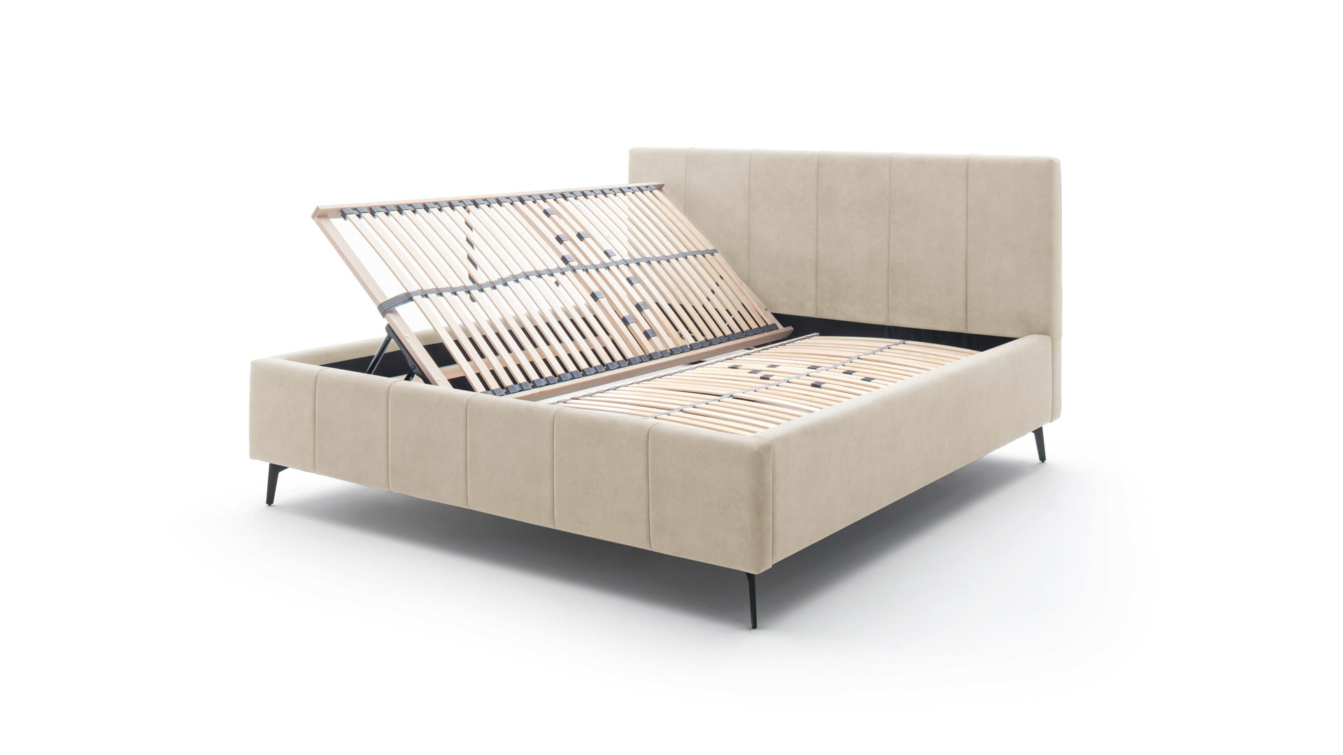 Polsterbett Meise.möbel aus Stoff in Beige Polsterbettgestell Lizzano mit Bettkasten beiger Samtbezug Cloud 03 & Metallfüße  - Liegefläche ca. 180 x 200 cm