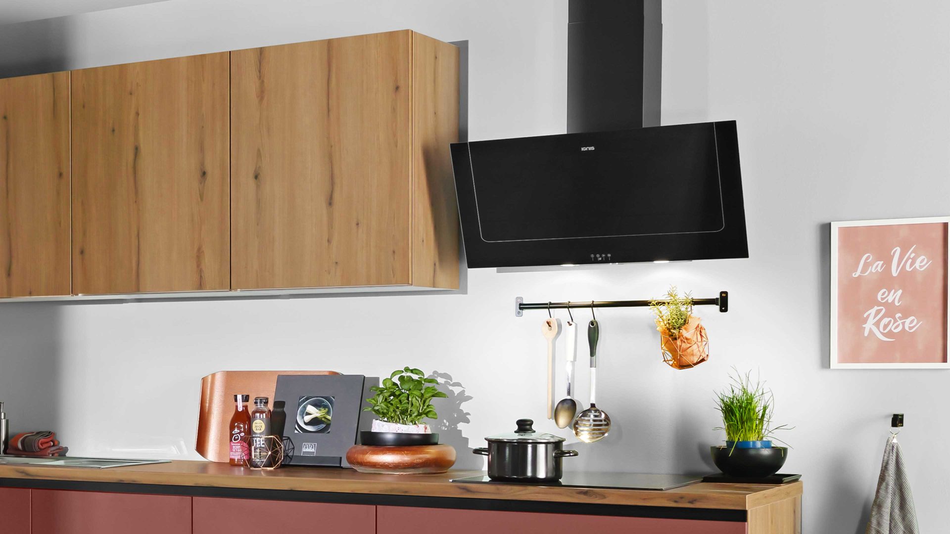 Einbauküche Express küchen aus Holz in Rot EXPRESS KÜCHEN Einbauküche Win mit Einbaugeräten Kaminrot & Eiche astig - zweizeilig