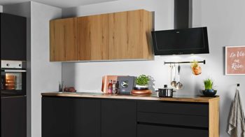 Einbauküche Express küchen aus Holz in Schwarz EXPRESS KÜCHEN Einbauküche Clean mit IGNIS Einbaugeräten Mattschwarz & Eiche astig - Länge ca. 433 cm