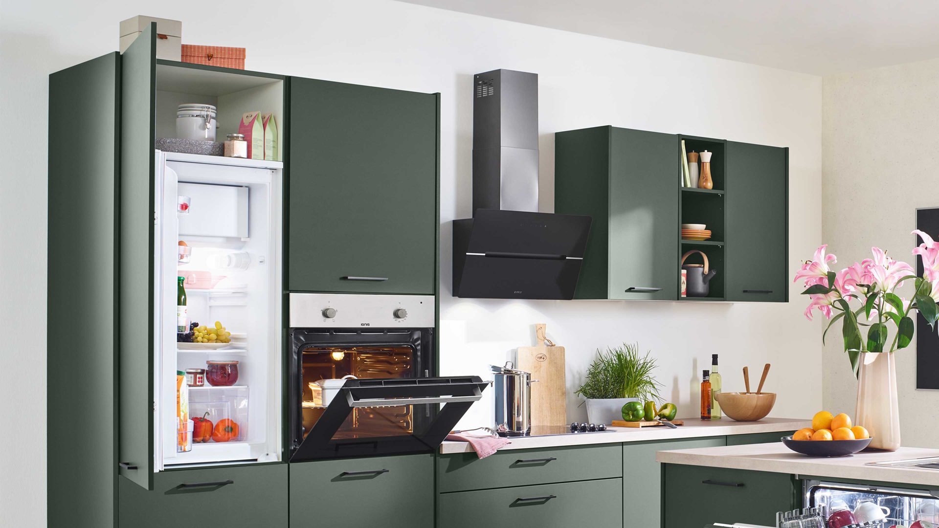 Einbauküche Express küchen aus Holz in Dunkelgrün EXPRESS KÜCHEN Einbauküche Clean mit Elektrogeräten Dunkelgrün - zweiteilig
