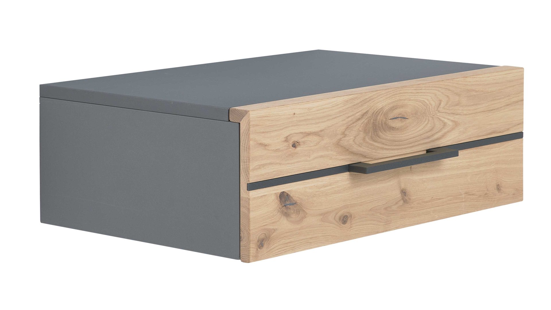Nachtkommode Interliving aus Holz in Holzfarben Interliving Schlafzimmer Serie 1029 – Hängekonsole rechts, eine Schublade - Wildeiche & Graphit