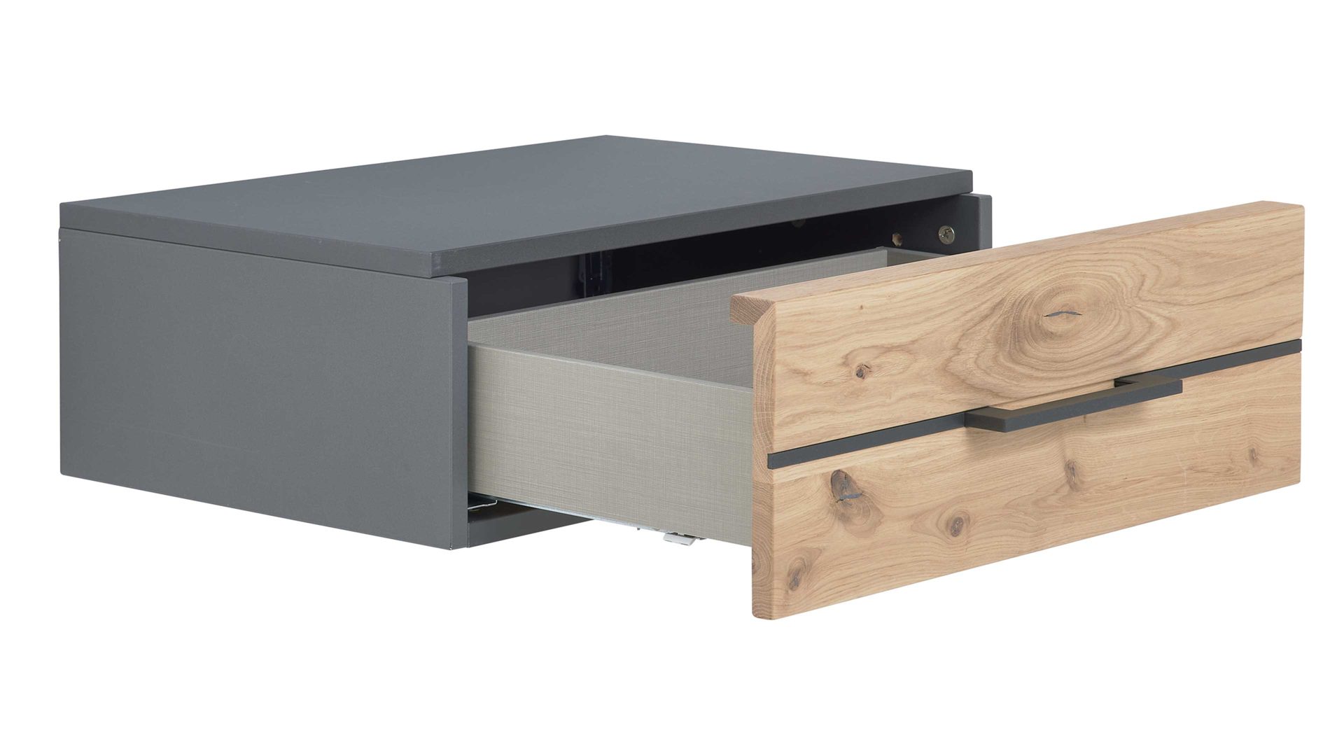 Nachtkommode Interliving aus Holz in Holzfarben Interliving Schlafzimmer Serie 1029 – Hängekonsole rechts, eine Schublade - Wildeiche & Graphit