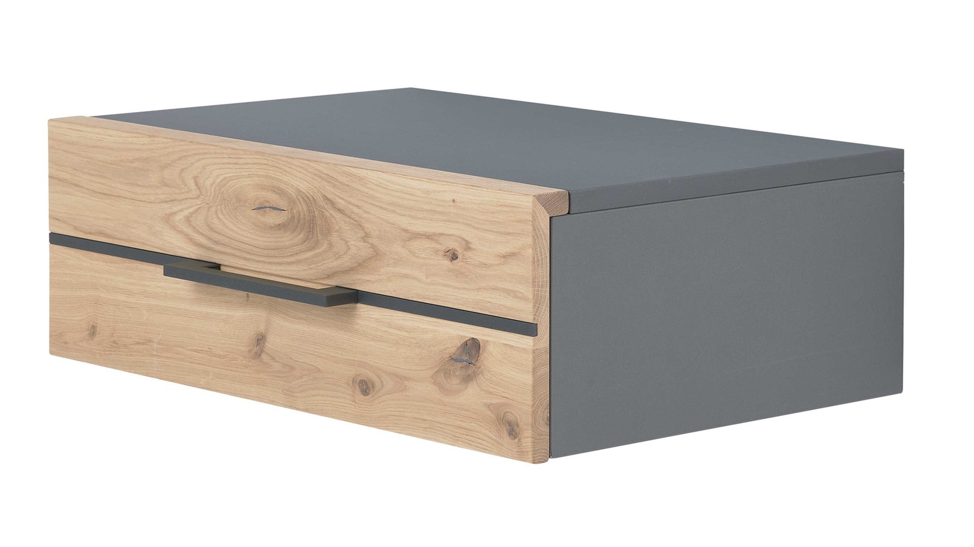 Nachtkommode Interliving aus Holz in Holzfarben Interliving Schlafzimmer Serie 1029 – Hängekonsole 528735 links, eine Schublade - Wildeiche & Graphit