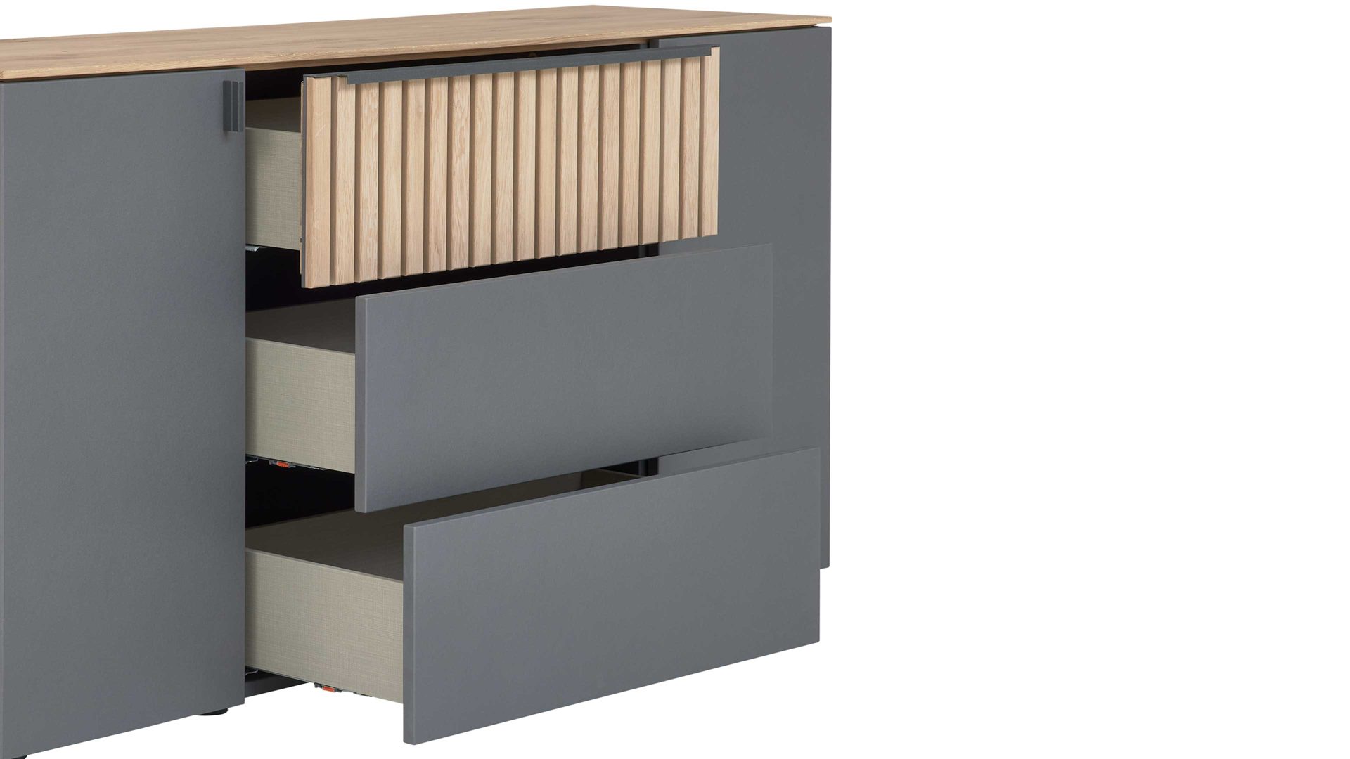 Kombikommode Interliving aus Holz in Holzfarben Interliving Schlafzimmer Serie 1029 – Kombikommode Wildeiche & Graphit - drei Schubladen, zwei Türen, Breite ca. 154 cm