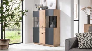 Highboard Interliving aus Holz in Holzfarben Interliving Wohnzimmer Serie 2025 - Highboard Wildeiche, Anthrazit & Kork - vier Türen, eine Schublade, Breite ca. 116 cm