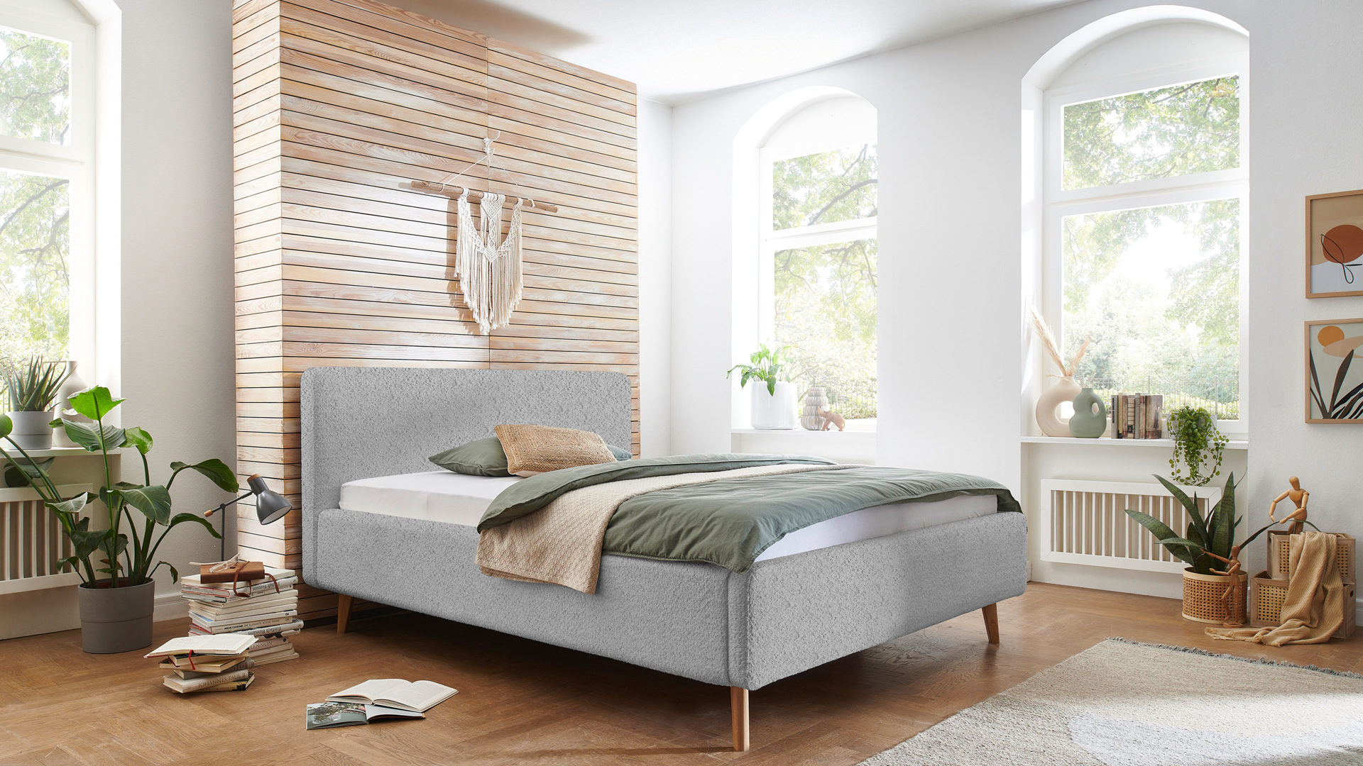 Bettgestell Meise.möbel aus Stoff in Grau Polsterbettgestell Mattis grauer Boucle Bezug Abriamo 6 & Holzfüße - Liegefläche ca. 180 x 200 cm