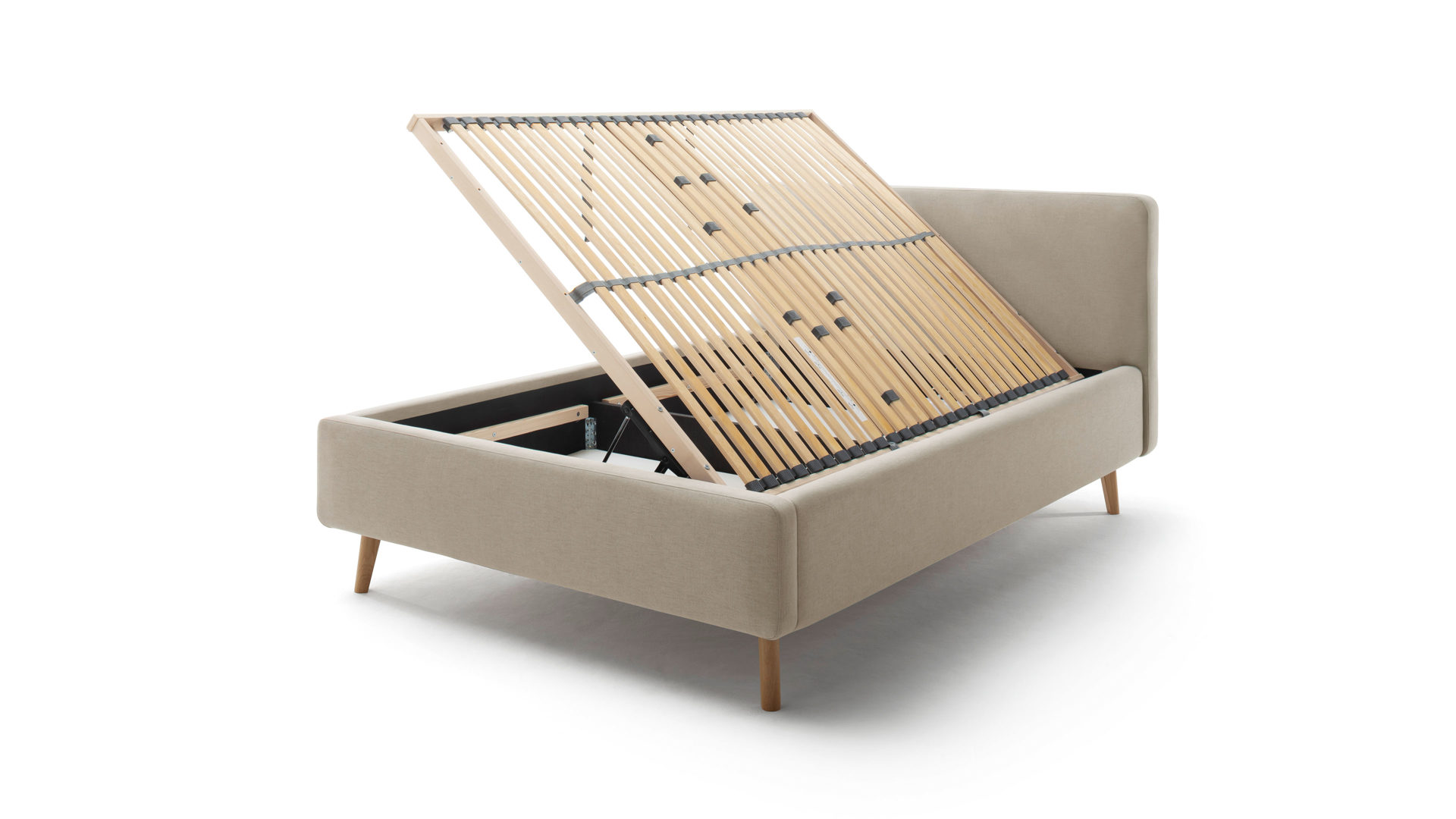 Bettgestell Meise.möbel aus Stoff in Taupe Polsterbettgestell Mattis mit Bettkasten taupefarbenes Flachgewebe Aspen 23 & Holzfüße - Liegefläche ca. 140 x 200 cm