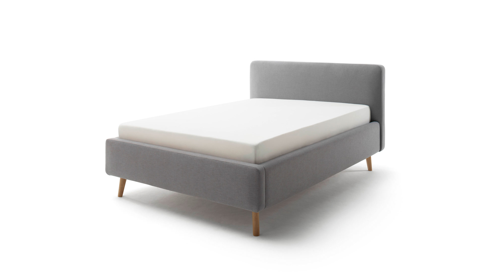 Bettgestell Meise.möbel aus Stoff in Hellgrau Polsterbettgestell Mattis mit Bettkasten hellgraues Flachgewebe Aspen 92 & Holzfüße - Liegefläche ca. 140 x 200 cm