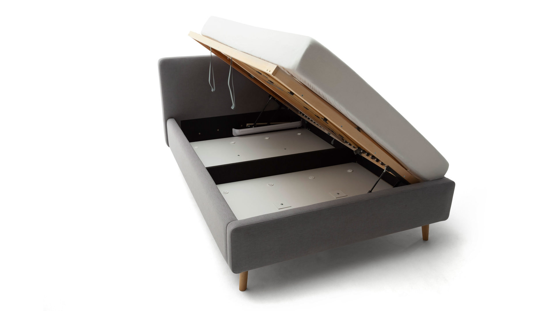 Bettgestell Meise.möbel aus Stoff in Hellgrau Polsterbettgestell Mattis mit Bettkasten hellgraues Flachgewebe Aspen 92 & Holzfüße - Liegefläche ca. 140 x 200 cm