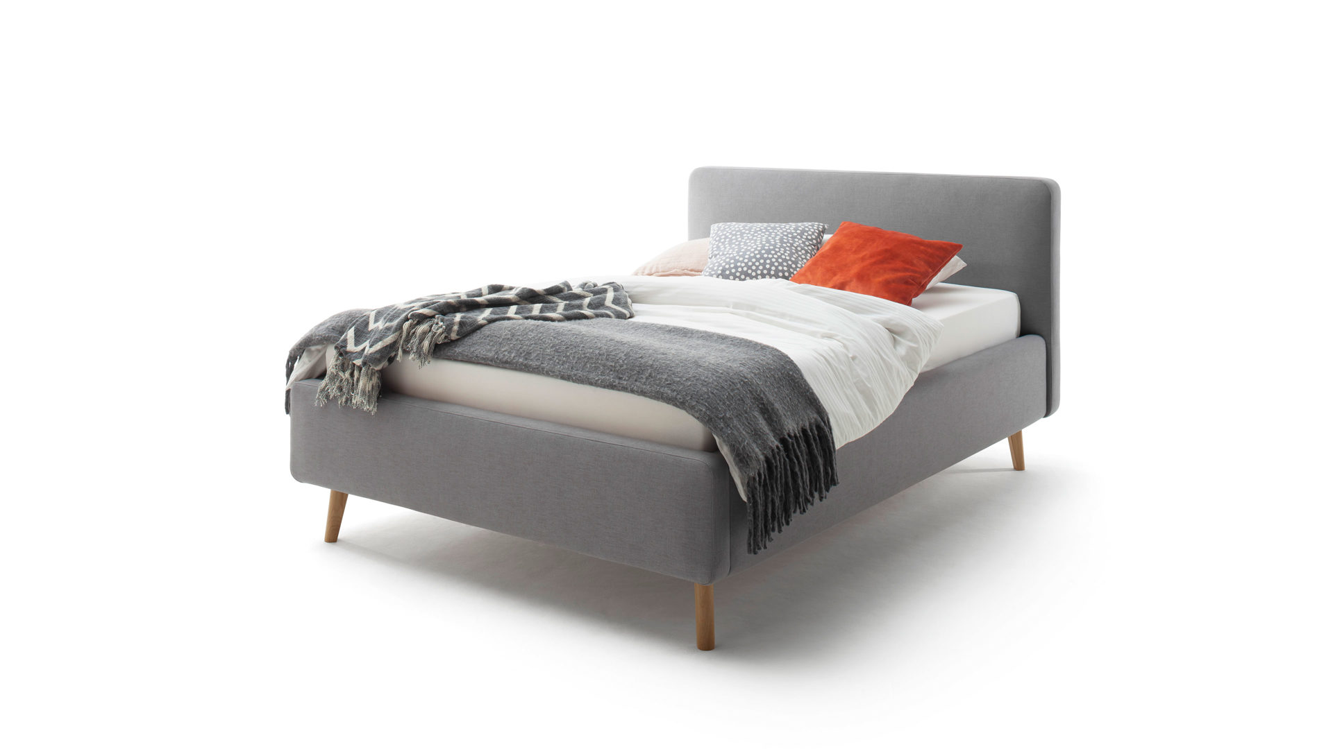 Bettgestell Meise.möbel aus Stoff in Hellgrau Polsterbettgestell Mattis mit Bettkasten hellgraues Flachgewebe Aspen 92 & Holzfüße - Liegefläche ca. 140 x 200 cm