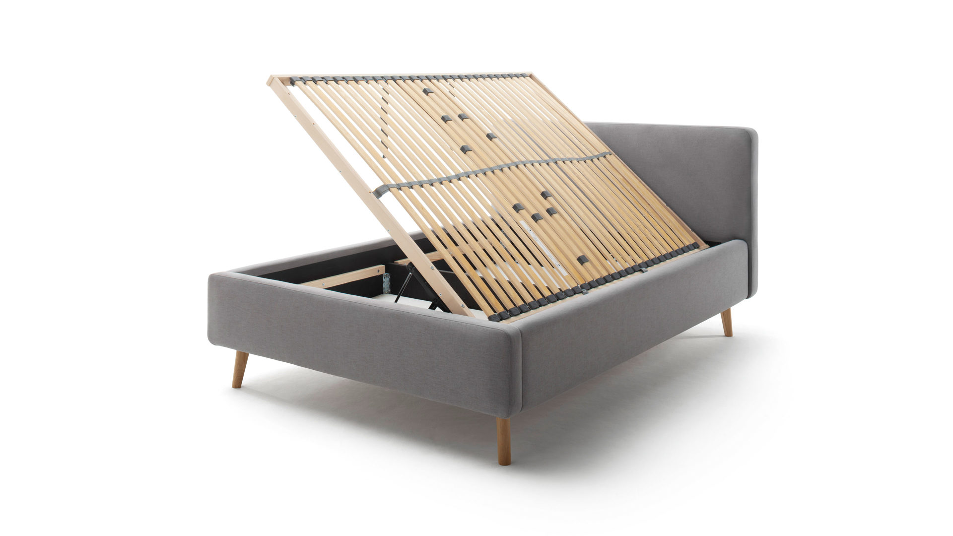 Bettgestell Meise.möbel aus Stoff in Hellgrau Polsterbettgestell Mattis mit Bettkasten hellgraues Flachgewebe Aspen 92 & Holzfüße - Liegefläche ca. 140 x 200 cm