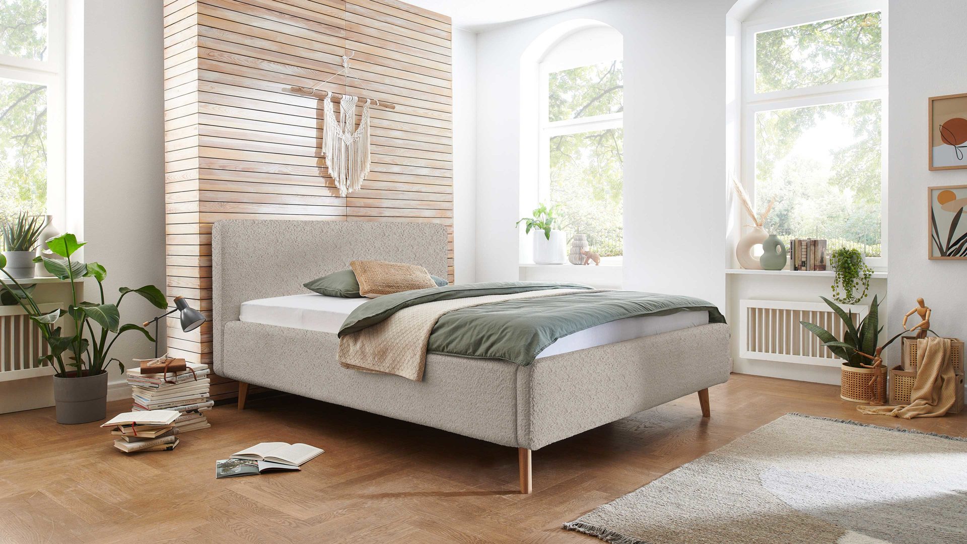Bettgestell Meise.möbel aus Stoff in Beige Polsterbettgestell Mattis mit Bettkasten beigefarbener Boucle Bezug Abriamo 3 & Holzfüße - Liegefläche ca. 180 x 200 cm