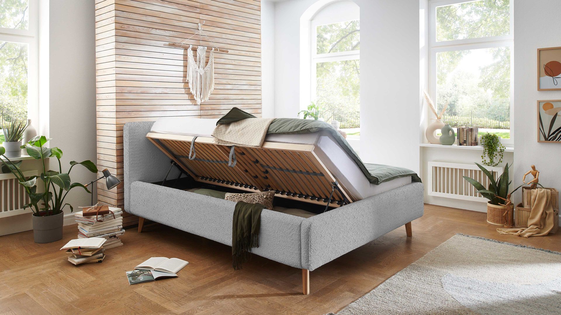 Bettgestell Meise.möbel aus Stoff in Grau Polsterbettgestell Mattis mit Bettkasten grauer Boucle Bezug Abriamo 6 & Holzfüße - Liegefläche ca. 180 x 200 cm