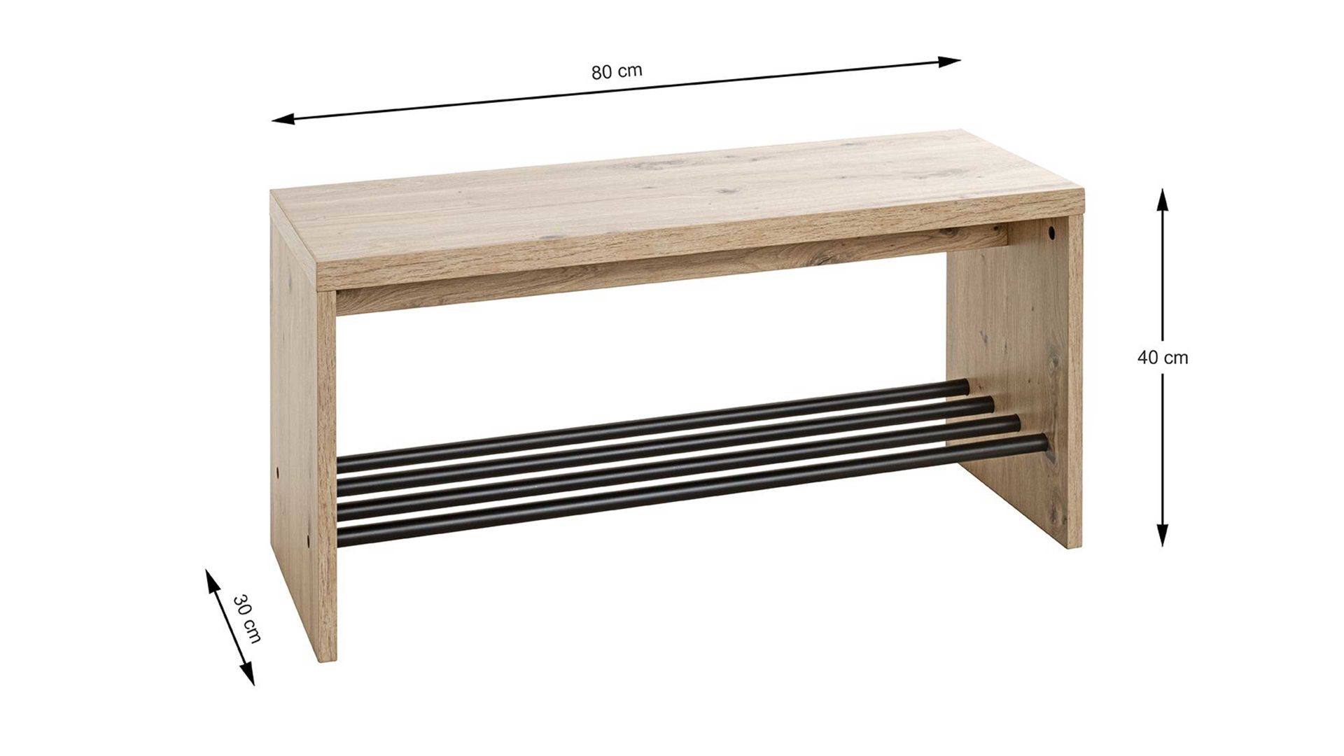 Schuhregal Haku aus MDF in Holzfarben Schuhbank Artisan Eiche &  schwarzes Metall - Breite ca. 80 cm