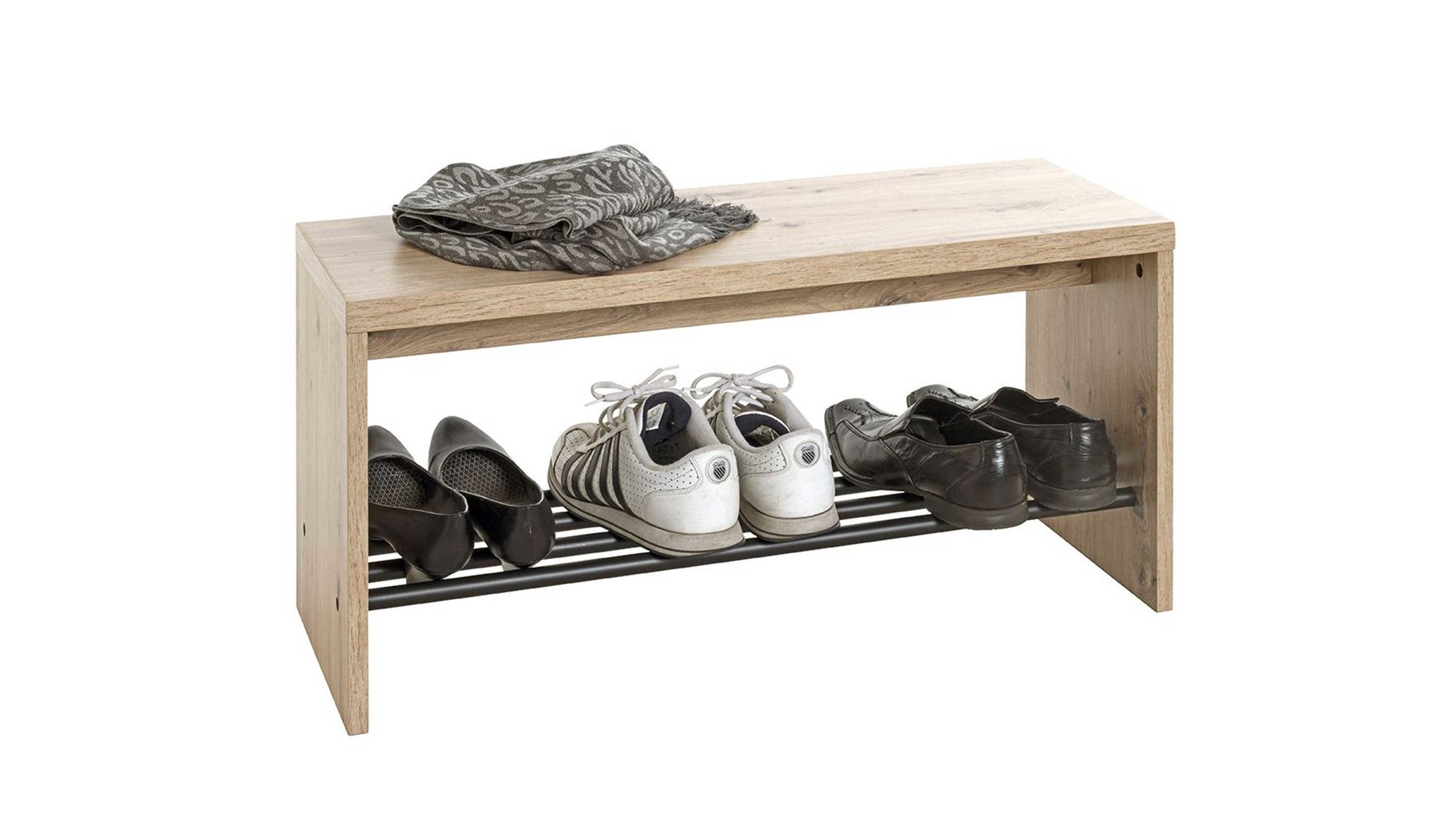 Schuhregal Haku aus MDF in Holzfarben Schuhbank Artisan Eiche &  schwarzes Metall - Breite ca. 80 cm