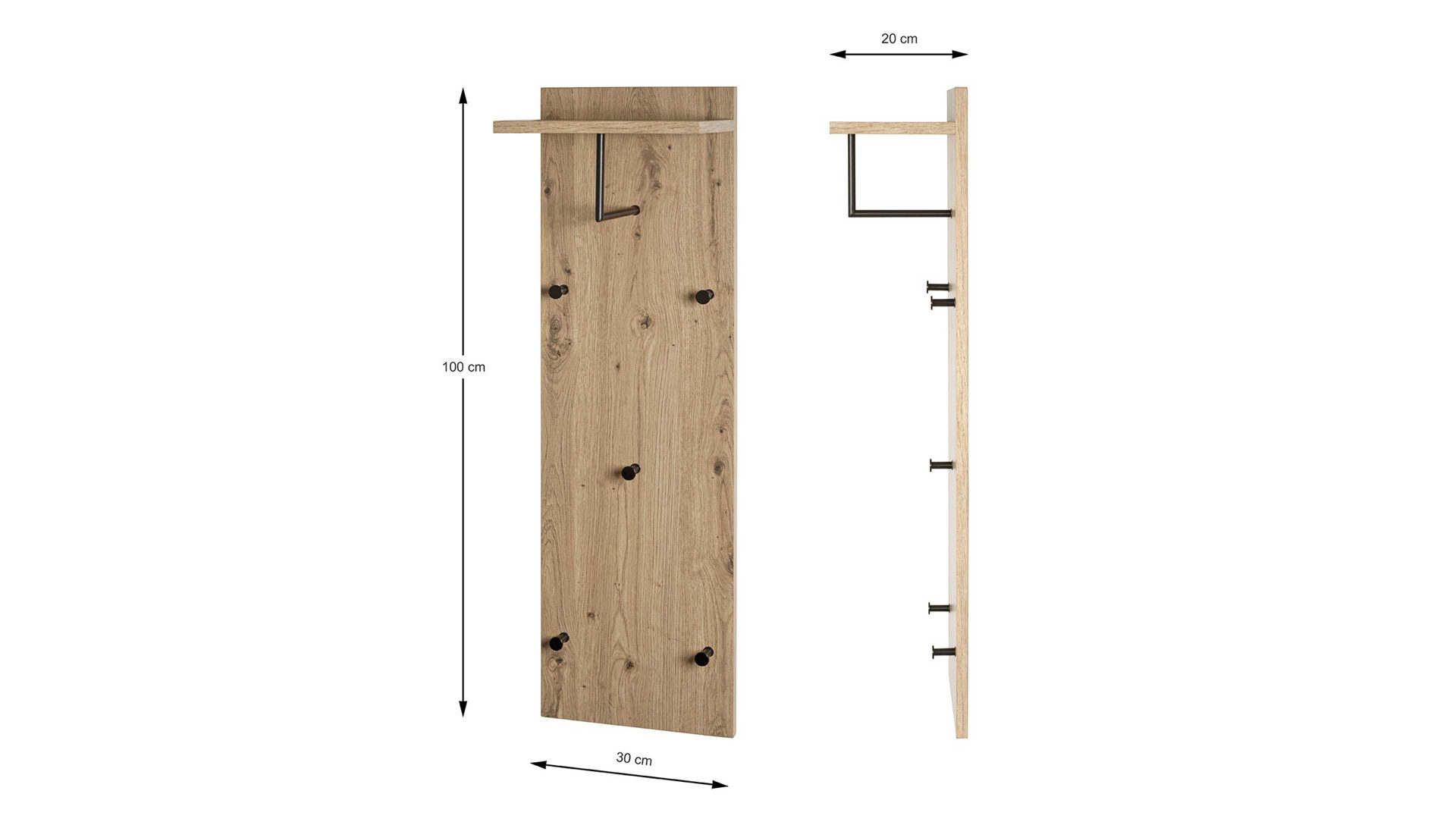 Garderobenpaneel Haku aus MDF in Holzfarben Wandgarderobe Artisan Eiche & schwarzes Metall, mit Ablage - ca. 30 x 100 cm