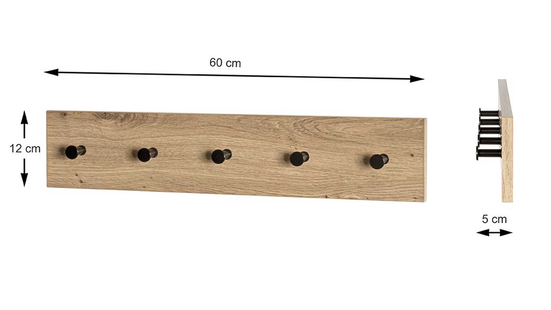 Wandgarderobe Haku aus MDF in Holzfarben Wandgarderobe Artisan Eiche & schwarzes Metall - ca. 60 x 12 cm