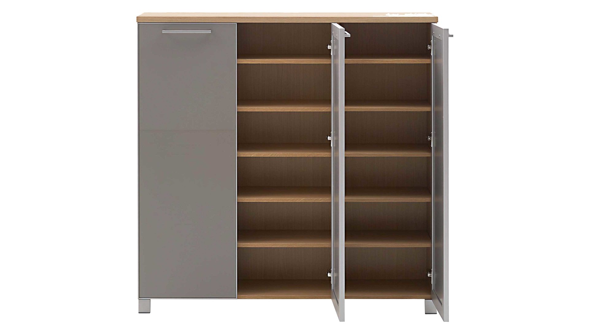 Schuhschrank Voss möebel aus Holz in Braun VOSS MÖBEL Schuhkommode Santina bzw. Schuhschrank Eiche Bianco & taupefarbenes Glas – drei Türen