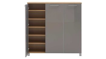 Schuhschrank Voss möebel aus Holz in Braun VOSS MÖBEL Schuhkommode Santina bzw. Schuhschrank Eiche Bianco & taupefarbenes Glas – drei Türen