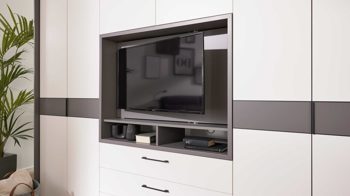 Kleiderschrank Interliving aus Holz in Grau Interliving Kleiderschrank Serie 1207 – Kleiderschrank mit TV-Nische Weiß & Manhattan – sechs Türen, zwei Schubladen, Breite ca. 302 cm