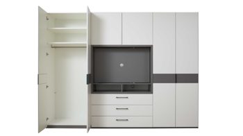 Kleiderschrank Interliving aus Holz in Grau Interliving Kleiderschrank Serie 1207 – Kleiderschrank mit TV-Nische Weiß & Manhattan – sechs Türen, zwei Schubladen, Breite ca. 300 cm