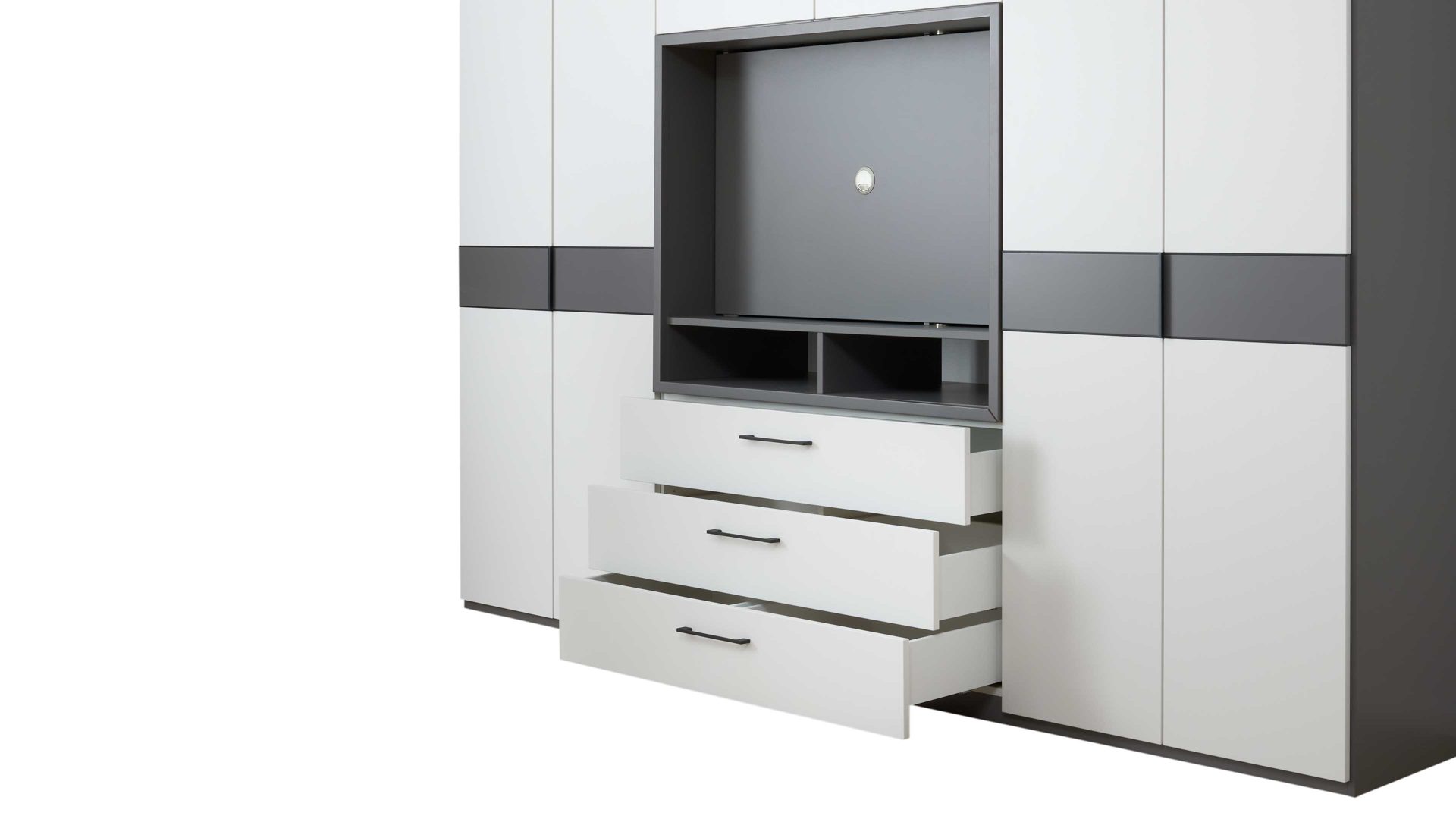 Kleiderschrank Interliving aus Holz in Grau Interliving Kleiderschrank Serie 1207 – Kleiderschrank mit TV-Nische Weiß & Manhattan – sechs Türen, zwei Schubladen, Breite ca. 302 cm