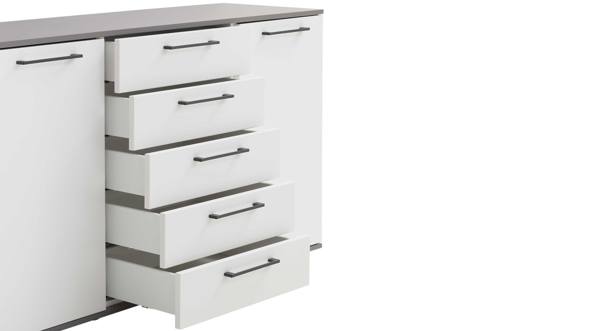 Kombikommode Interliving aus Holz in Weiß Interliving Kleiderschrank Serie 1207 – Kombikommode Weiß & Manhattan – zwei Türen, fünf Schubladen, Breite ca. 151 cm