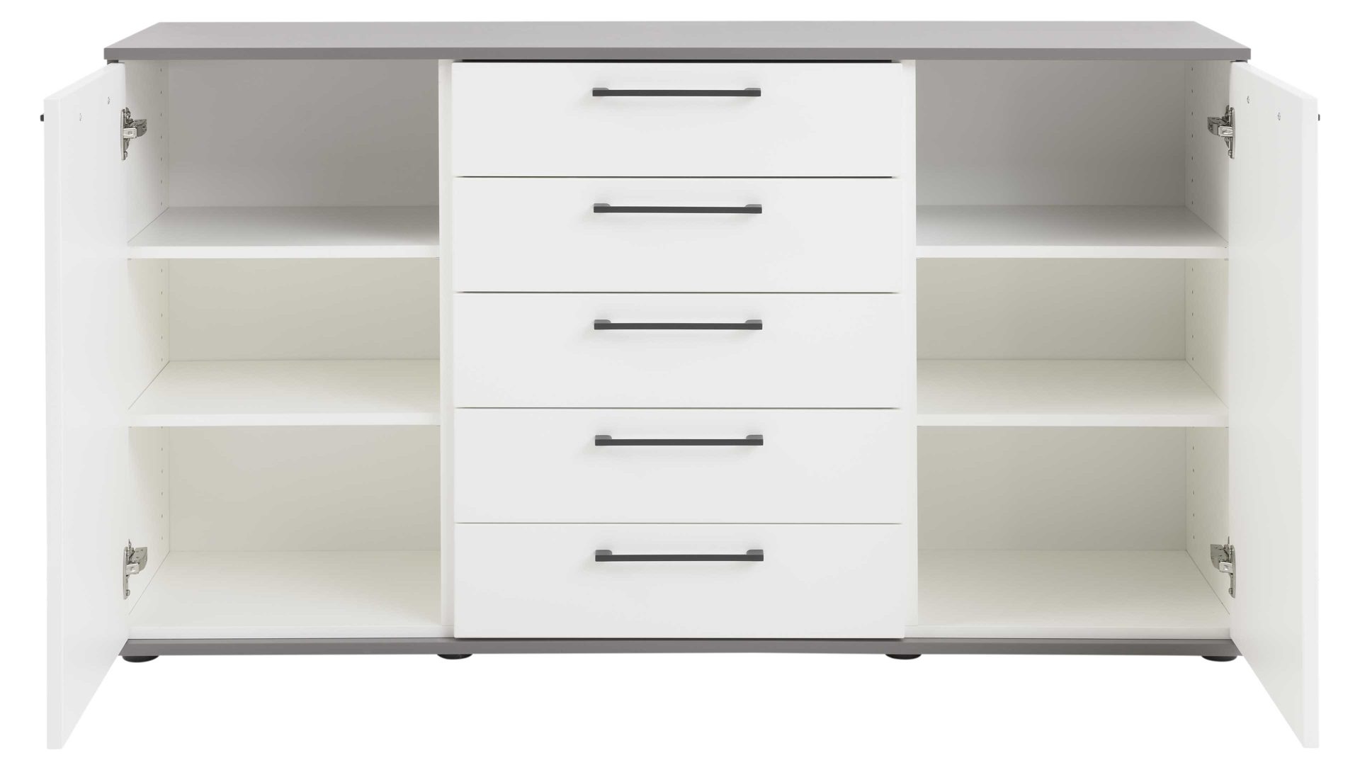 Kombikommode Interliving aus Holz in Weiß Interliving Kleiderschrank Serie 1207 – Kombikommode Weiß & Manhattan – zwei Türen, fünf Schubladen, Breite ca. 151 cm