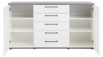 Kombikommode Interliving aus Holz in Weiß Interliving Kleiderschrank Serie 1207 – Kombikommode Weiß & Manhattan – zwei Türen, fünf Schubladen, Breite ca. 151 cm