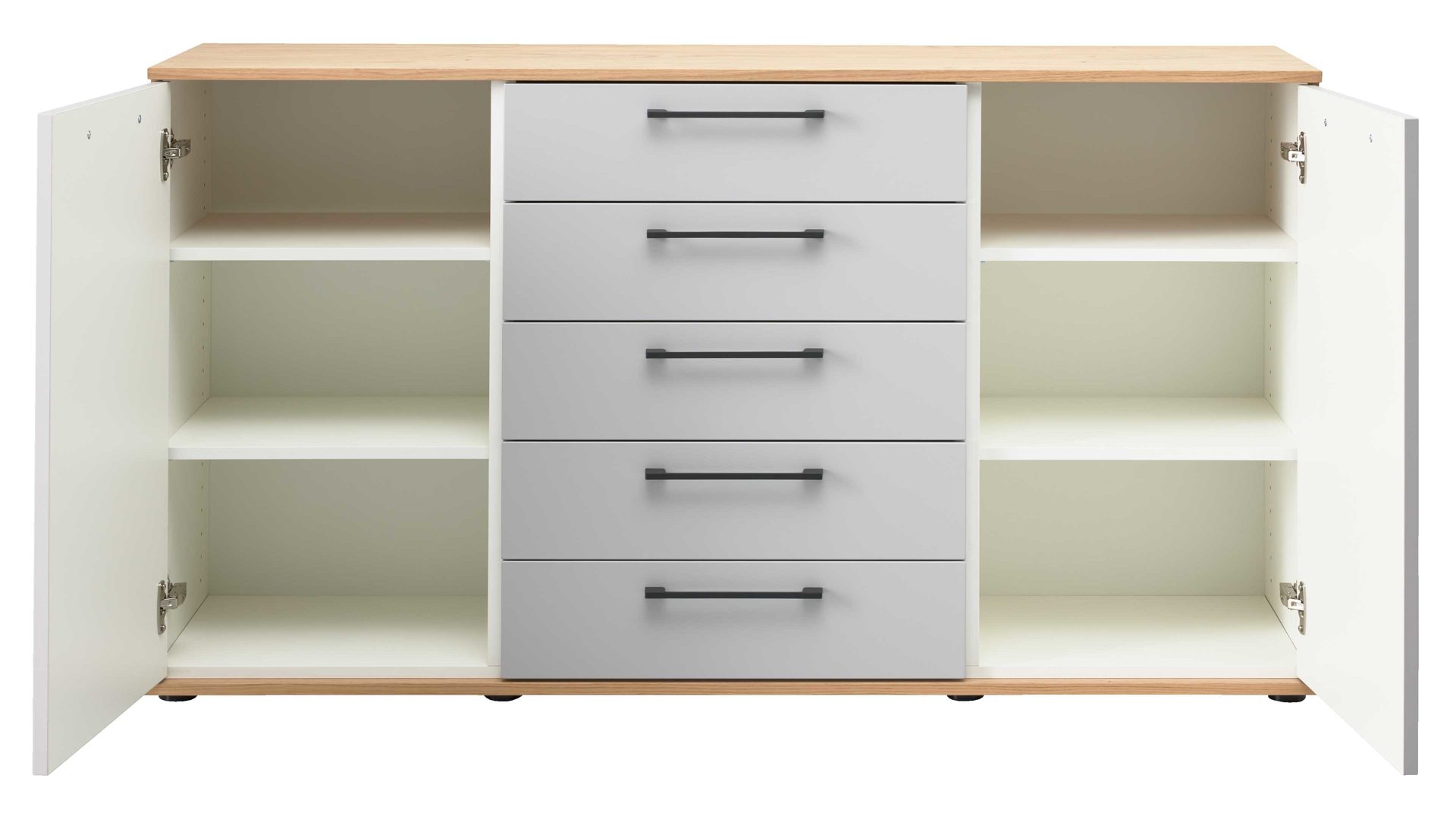 Kombikommode Interliving aus Holz in Hellgrau Interliving Kleiderschrank Serie 1207 – Kombikommode Satingrau & Wildeiche – zwei Türen, fünf Schubladen, Breite ca. 151 cm