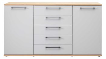 Kombikommode Interliving aus Holz in Hellgrau Interliving Kleiderschrank Serie 1207 – Kombikommode 670065 Satingrau & Wildeiche – zwei Türen, fünf Schubladen, Breite ca. 151 cm