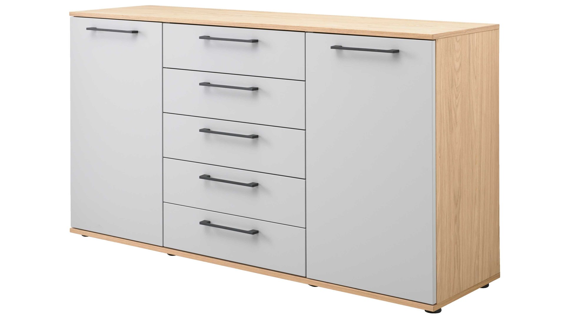 Kombikommode Interliving aus Holz in Hellgrau Interliving Kleiderschrank Serie 1207 – Kombikommode Satingrau & Wildeiche – zwei Türen, fünf Schubladen, Breite ca. 151 cm