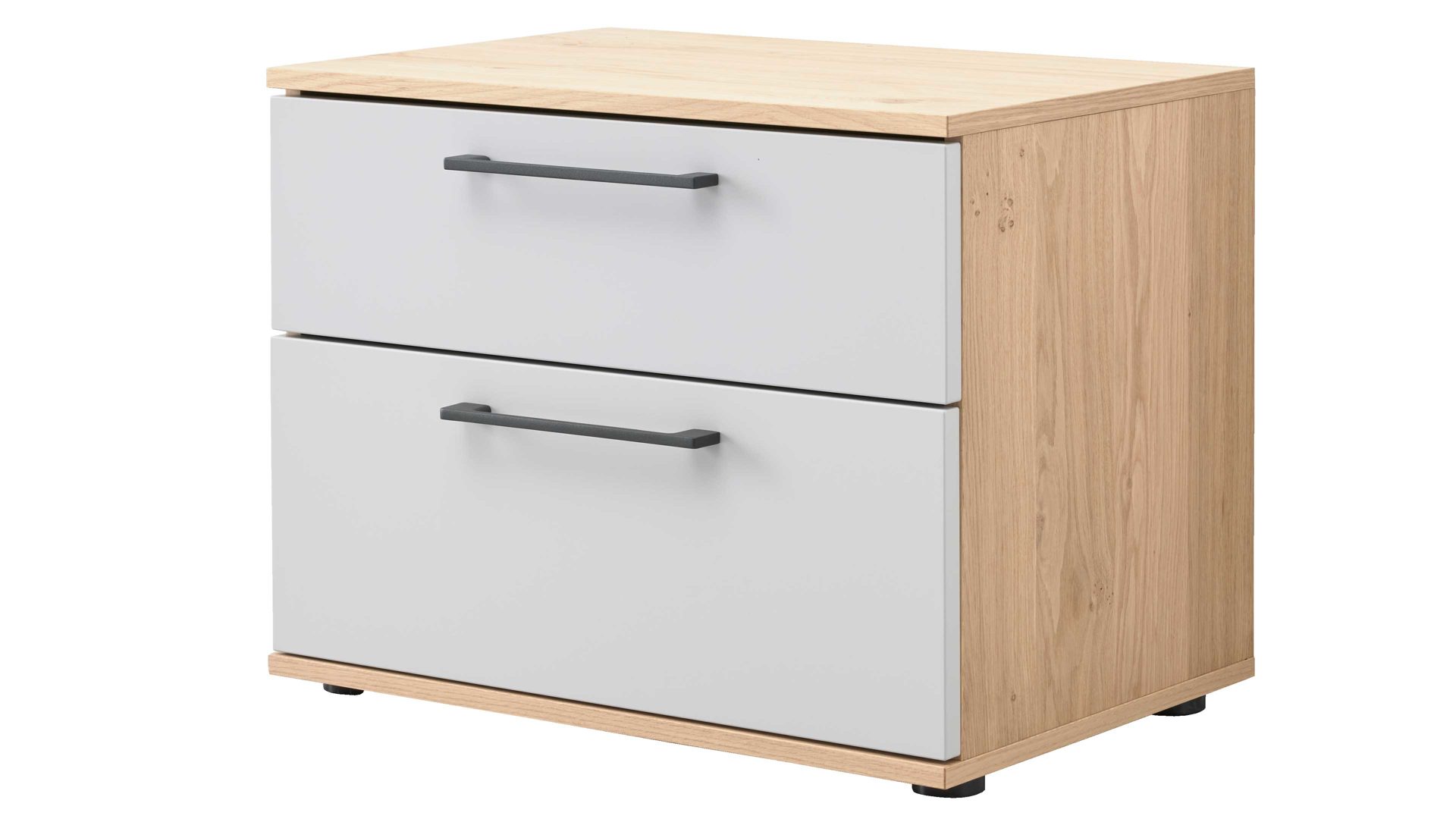 Nachtkommode Interliving aus Holz in Grau Interliving Kleiderschrank Serie 1207 – Nachtkommode Taupe & Balkeneiche – zwei Schubladen, Breite ca. 60 cm